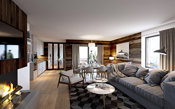Création 3D d'image représentant le salon d'un appartement d'un chalet à Chamonix